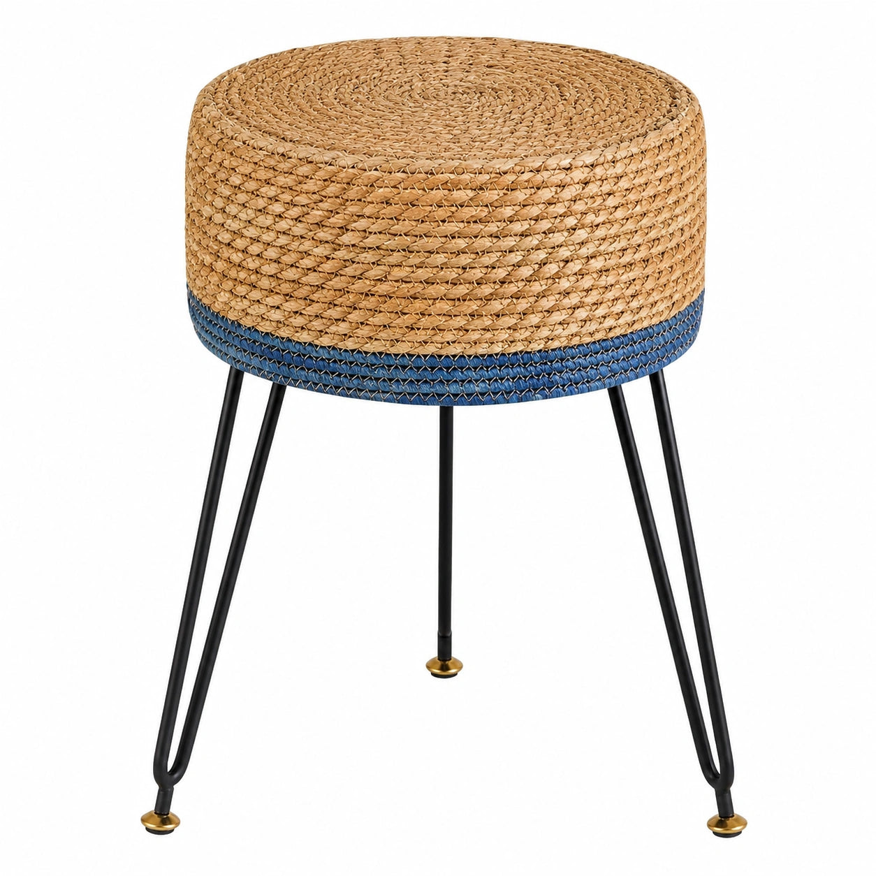 Handgefertigter Natur-Sitzhocker aus Seegras mit Metallbeinen, ländlicher Stil, ideal für Wohn- und Schlafzimmer, 32x32x45cm, Natur und Blau